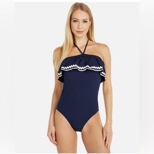 J CREW Ruffle Bandeau One Piece Swimsuit NAVY BLUE w/ WHITE Rick Rack Size 10
